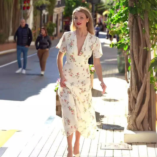 French Sexy Deep V Dress Gentle Small Floral Tight Waist Slimming Dress - MYLUXURY LANE ENTERPRISE