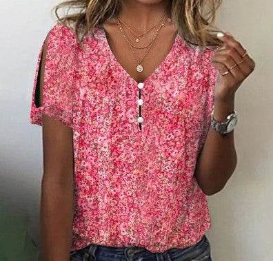 Flower Series 3D Printed V-neck Button T-shirt Top - MYLUXURY LANE ENTERPRISE