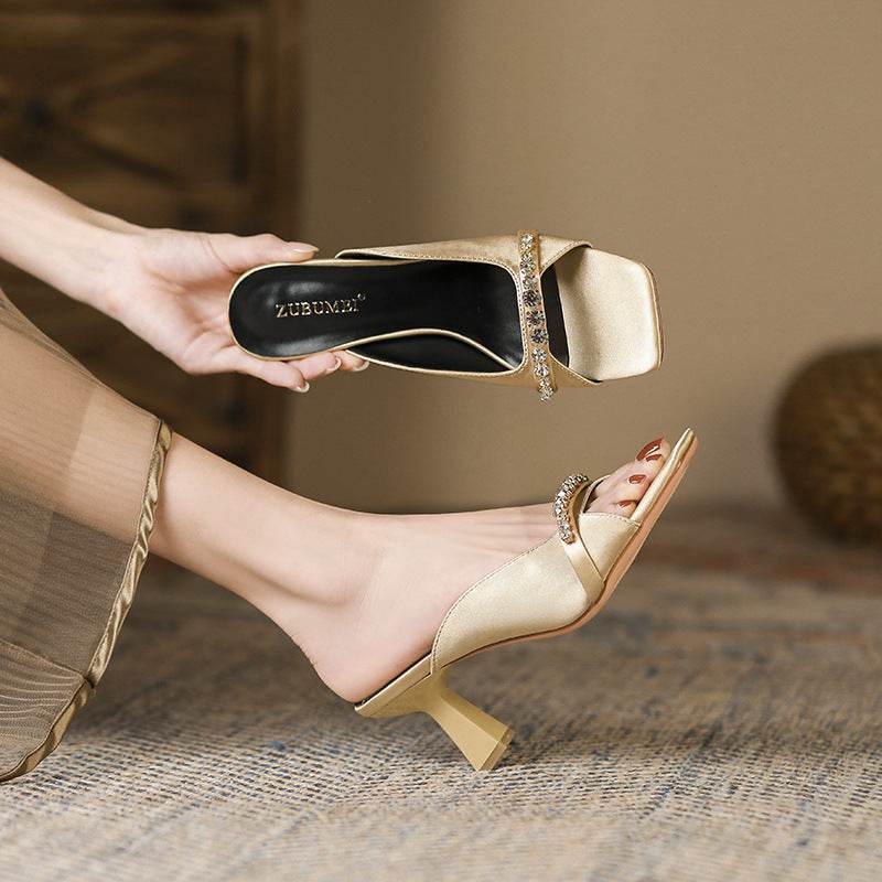 French Retro Women's Shoes Square Toe Open Toe High Heels Rhinestone - MYLUXURY LANE ENTERPRISE