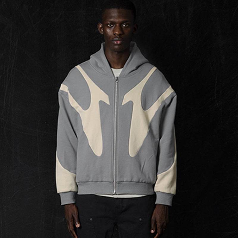 Pattern Stitching Trendy Hooded Cardigan Zipper Sweater - MYLUXURY LANE ENTERPRISE