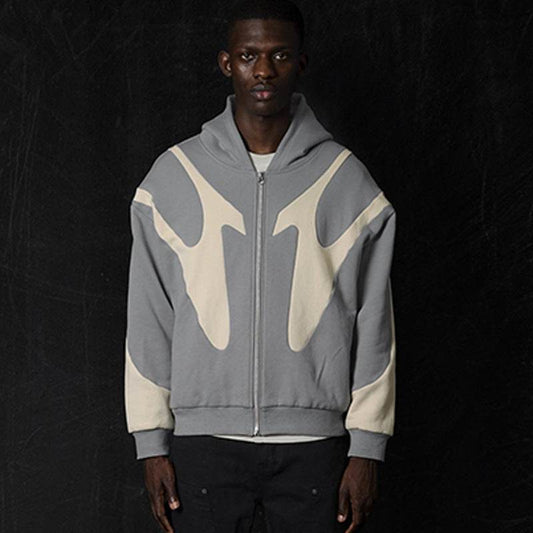 Pattern Stitching Trendy Hooded Cardigan Zipper Sweater - MYLUXURY LANE ENTERPRISE