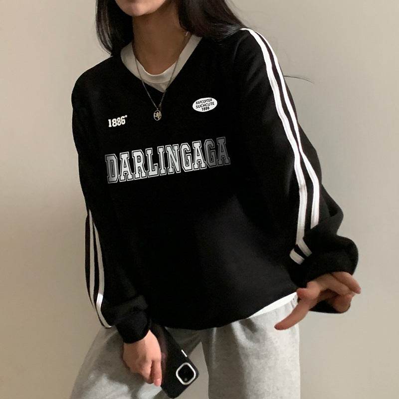 Women's Loose Casual Letter Printed Parallel Bars Contrast Color Coat - MYLUXURY LANE ENTERPRISE