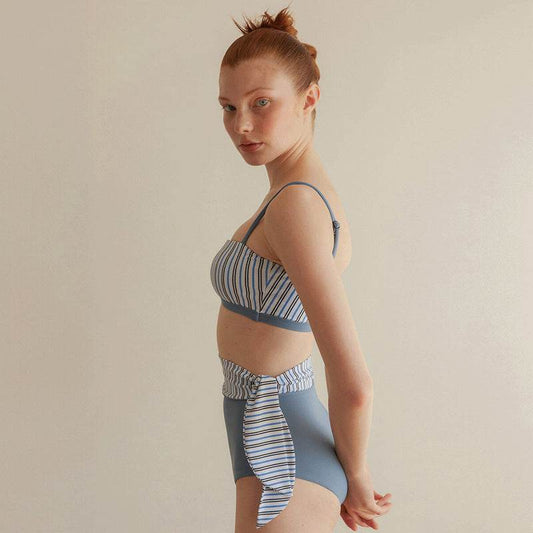 Split High Waist Swimsuit Contrast Color Striped Swimsuit - MYLUXURY LANE ENTERPRISE
