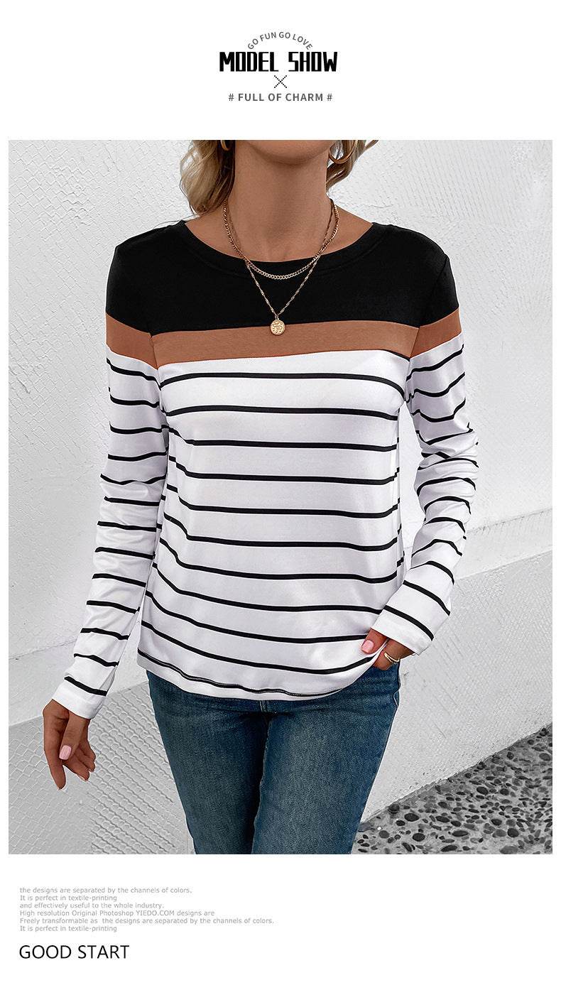 Leisure Top Pullover Patchwork Round Neck Long-sleeved Striped T-shirt - MYLUXURY LANE ENTERPRISE