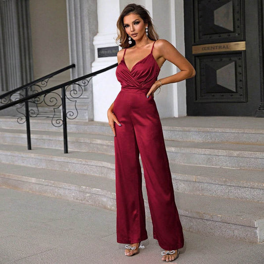 Fashion Women's Wear New Overlapping Collar Wide Leg Suspender Jumpsuit - MYLUXURY LANE ENTERPRISE