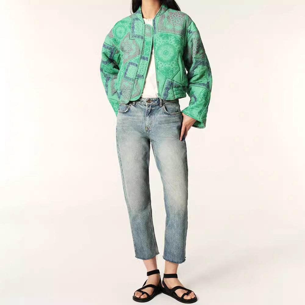 Round Neck Long Sleeve Printed Short Zipped Cotton-padded Jacket - MYLUXURY LANE ENTERPRISE