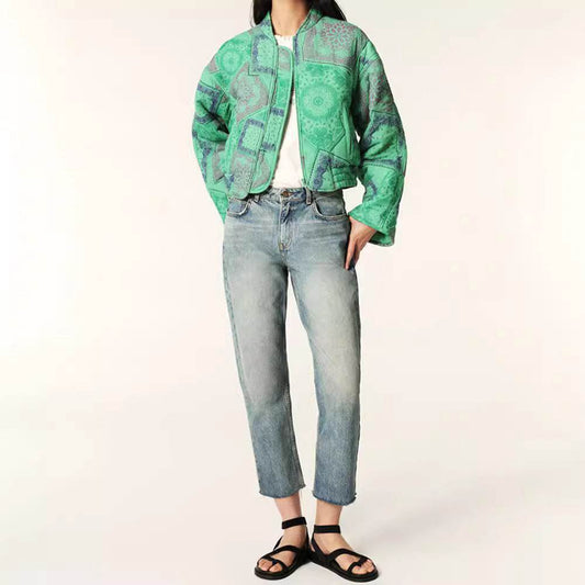 Round Neck Long Sleeve Printed Short Zipped Cotton-padded Jacket - MYLUXURY LANE ENTERPRISE