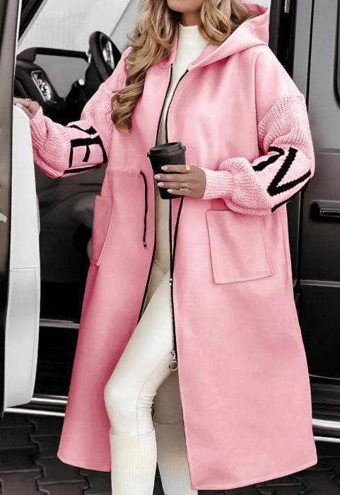 Hooded Windbreaker Long Jacket With Pockets And Drawstring Design Solid Color Knit-Sleeved Trench Coat For Women Clothing Fall Winter - MYLUXURY LANE ENTERPRISE