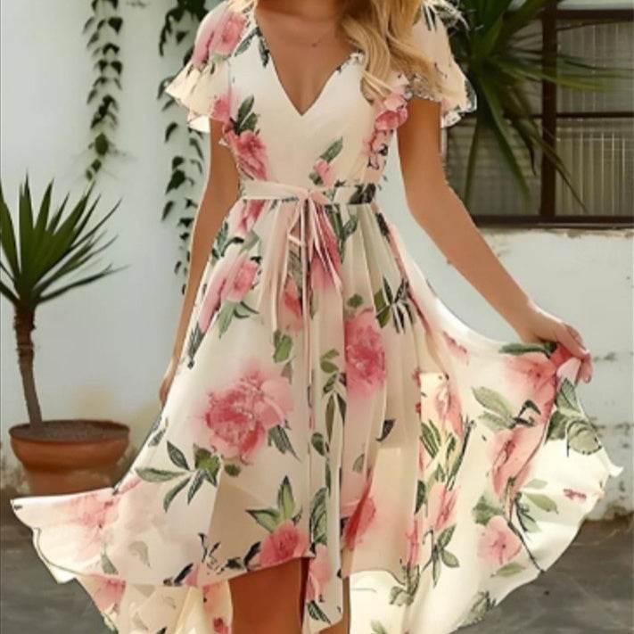 V-neck Mid-length Slim-fit Printed Dress - MYLUXURY LANE ENTERPRISE