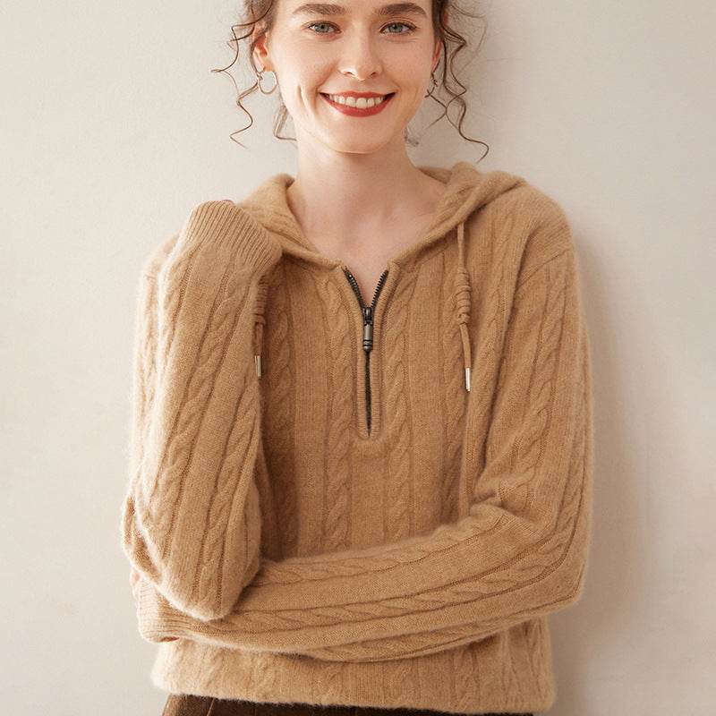 Cashmere Sweater Women's Hooded Twist Half-open Collar Sweater - MYLUXURY LANE ENTERPRISE