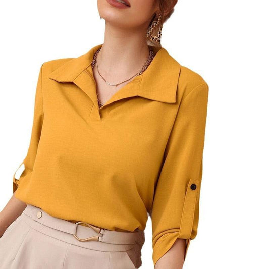 Polo Collar Casual Loose Three-quarter Sleeve Top - MYLUXURY LANE ENTERPRISE