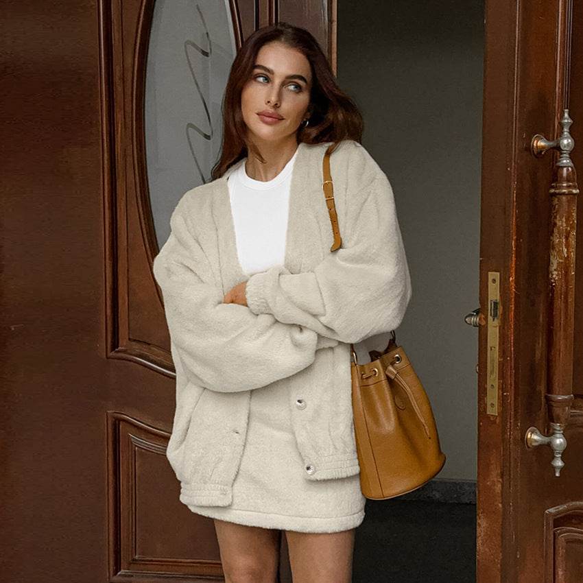 Polar Fleece Cardigan Short Skirt Two-piece Fashion Khaki Warm Lamb Wool Women's Clothing - MYLUXURY LANE ENTERPRISE