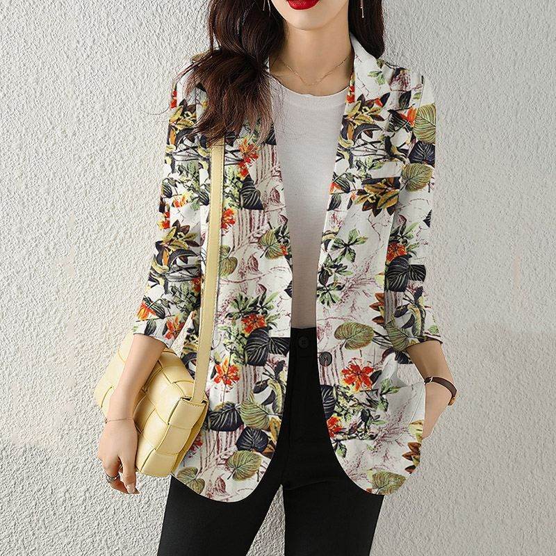 Women's Button Printed Long-sleeved Pocket Vintage Cotton And Linen Blazer - MYLUXURY LANE ENTERPRISE
