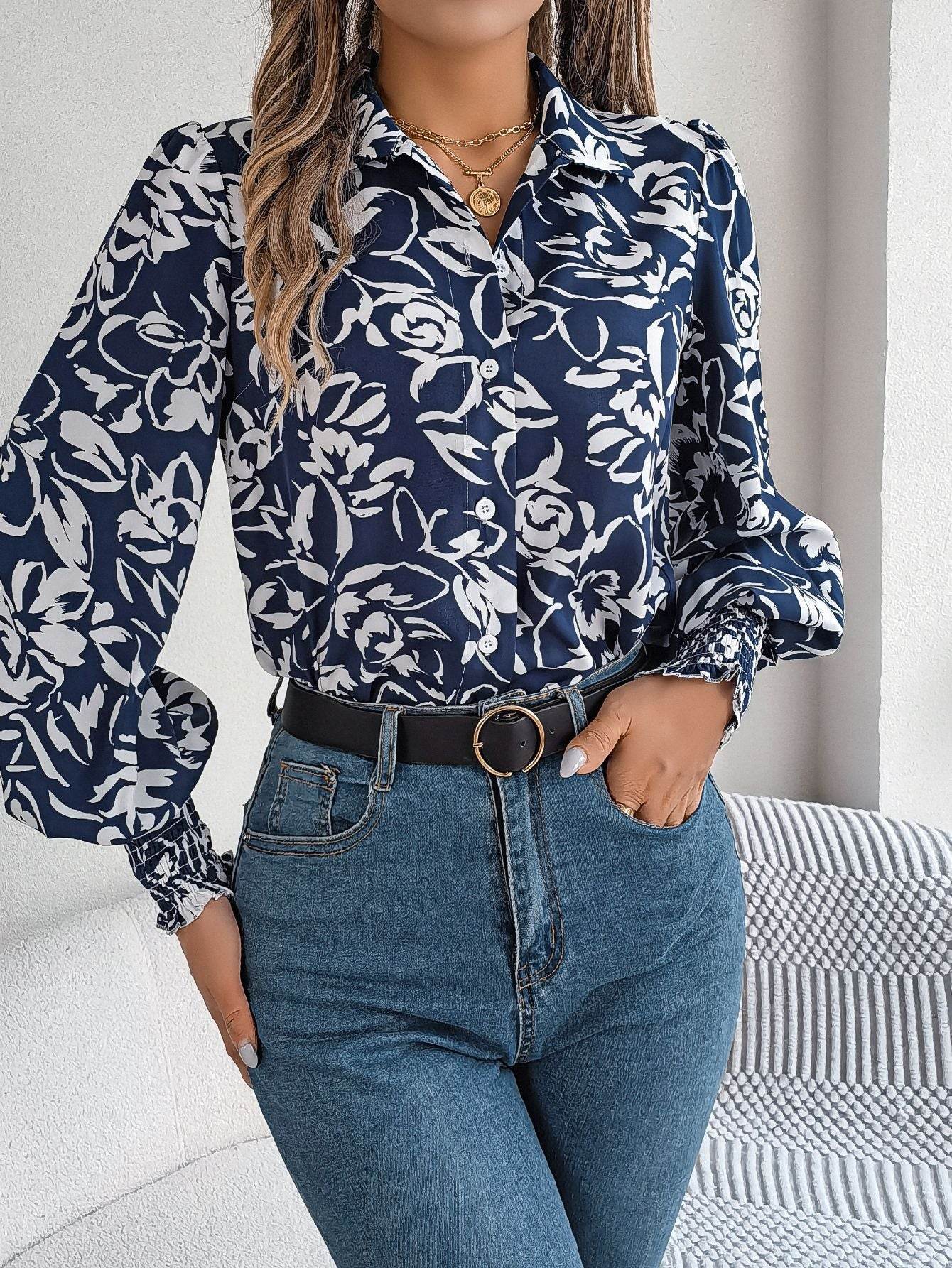 Elegant Contrast Color Flower Lantern Sleeve Lapel Shirt - MYLUXURY LANE ENTERPRISE