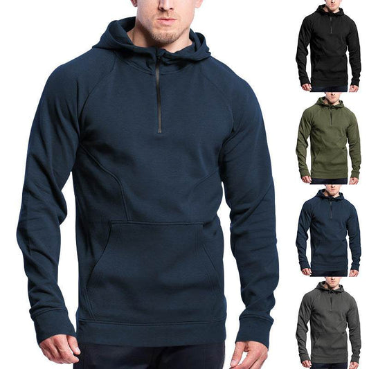 Cross-border Ebay New Long Sleeve Sweater Leisure Pullover Hooded Half Zipper Block Brushed Hoody Men - MYLUXURY LANE ENTERPRISE