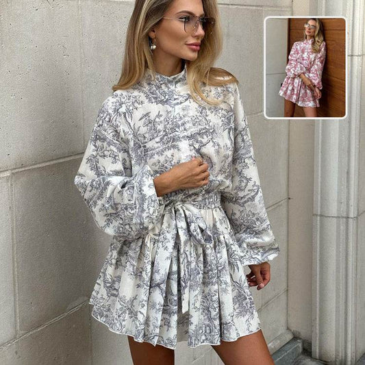 Ink Print Long Sleeve Short Dress With Fashion Puffy Sleeve Lapel Tie A-Line Dress Clothing - MYLUXURY LANE ENTERPRISE