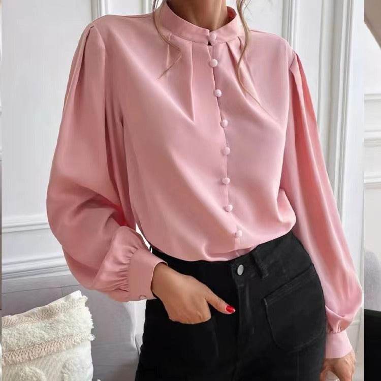Commute Style Solid Color Round Neck Long Sleeve Single-breasted Women's Shirt - MYLUXURY LANE ENTERPRISE