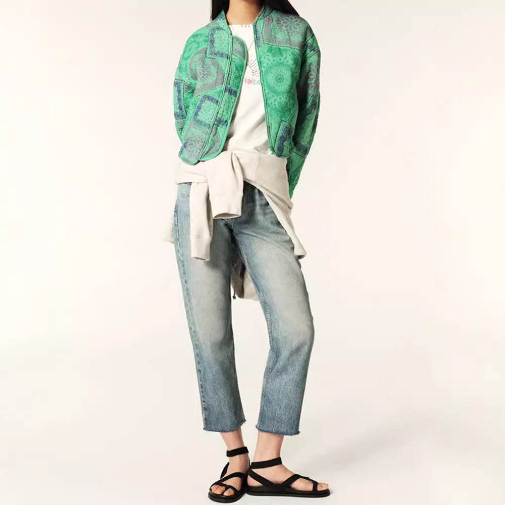 Round Neck Long Sleeve Printed Short Zipped Cotton-padded Jacket - MYLUXURY LANE ENTERPRISE