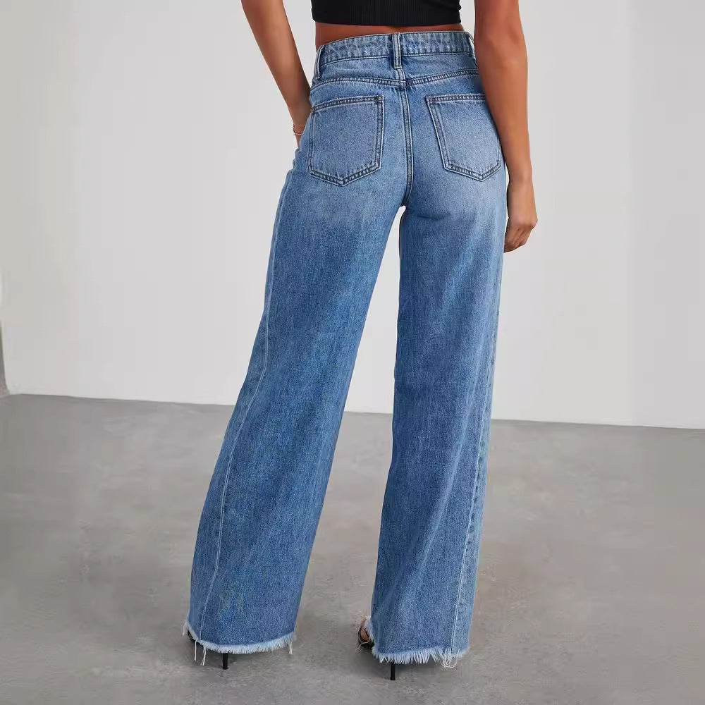 Women's Loose Wide-leg Side Seam Stitching Frayed Hem Jeans - MYLUXURY LANE ENTERPRISE