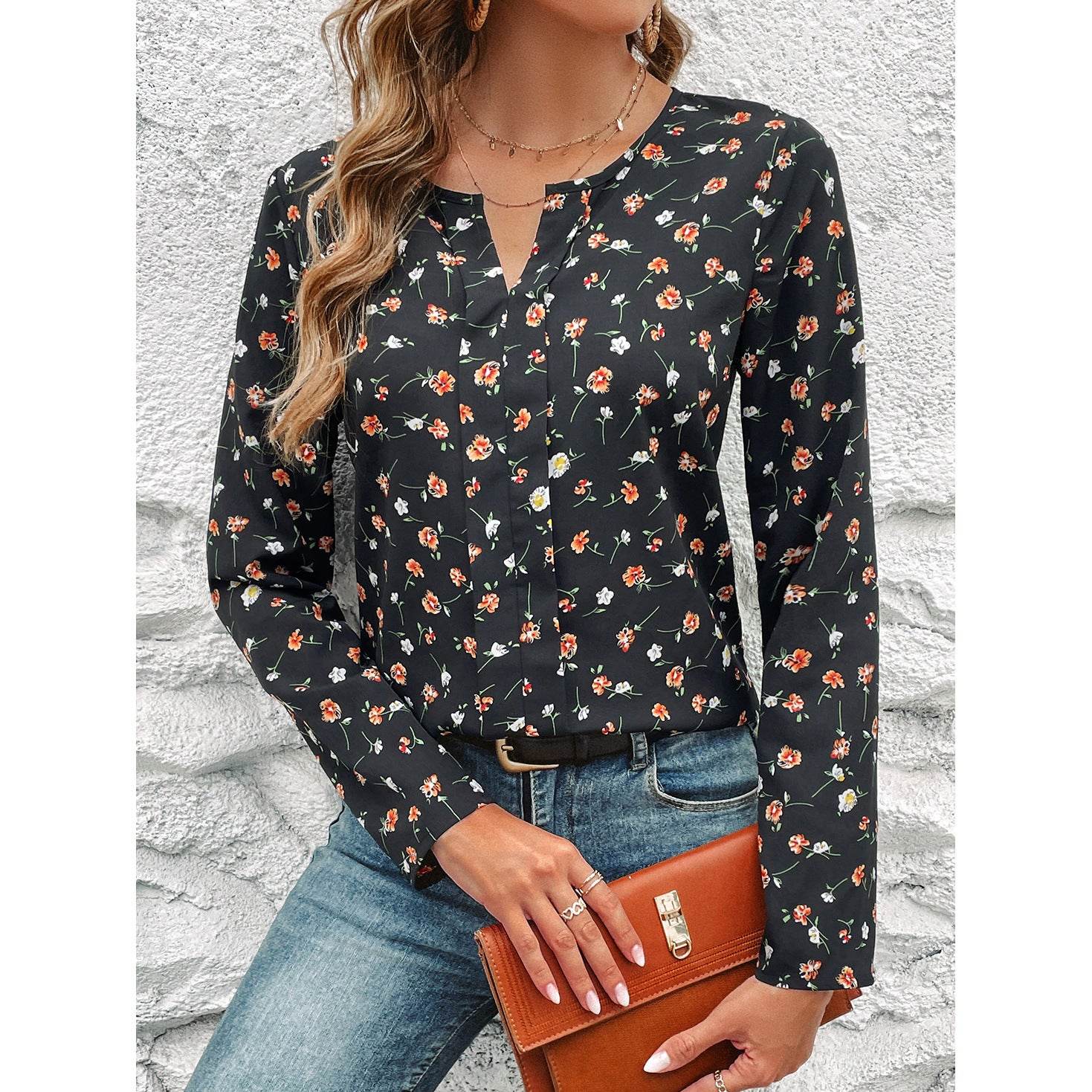 Women's Round-neck Floral Print Long Sleeve Top - MYLUXURY LANE ENTERPRISE