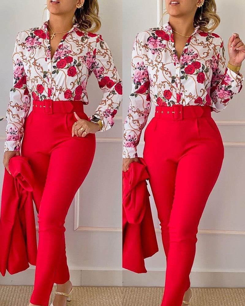 Women's Fashionable Printed Long-sleeved Shirt And Trousers Suit - MYLUXURY LANE ENTERPRISE
