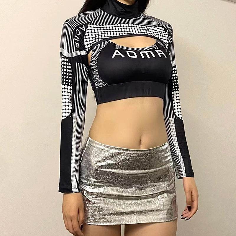 Car Line Print Blouse Short Top Hot Girl Outdoor Wear Personality Turtleneck Long Sleeve T-shirt Two-piece Set - MYLUXURY LANE ENTERPRISE