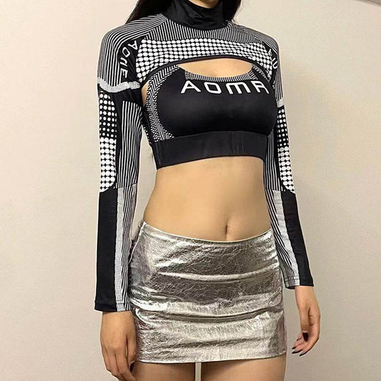 Car Line Print Blouse Short Top Hot Girl Outdoor Wear Personality Turtleneck Long Sleeve T-shirt Two-piece Set - MYLUXURY LANE ENTERPRISE