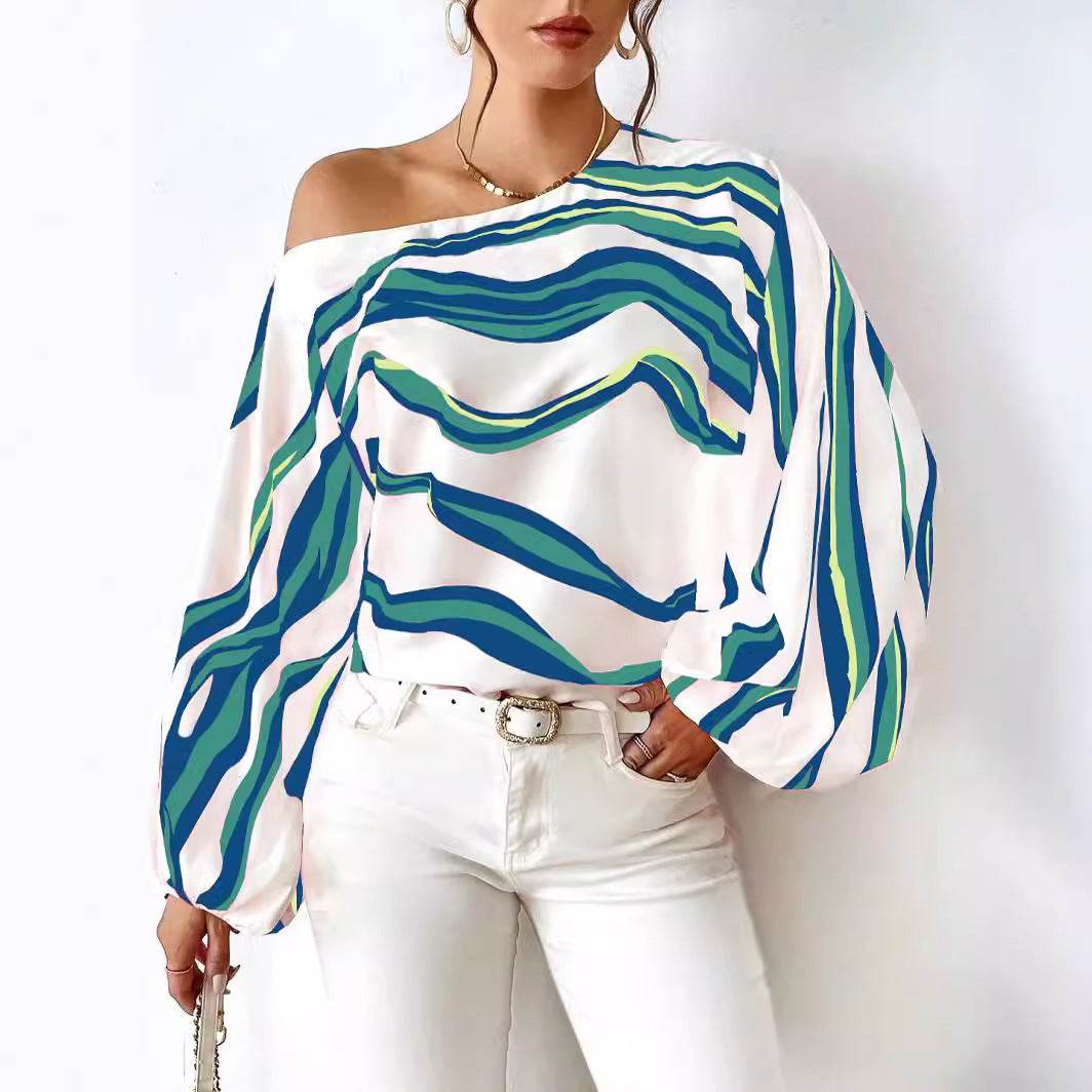 Off-neck Printed Loose-fitting Women's Shirt - MYLUXURY LANE ENTERPRISE