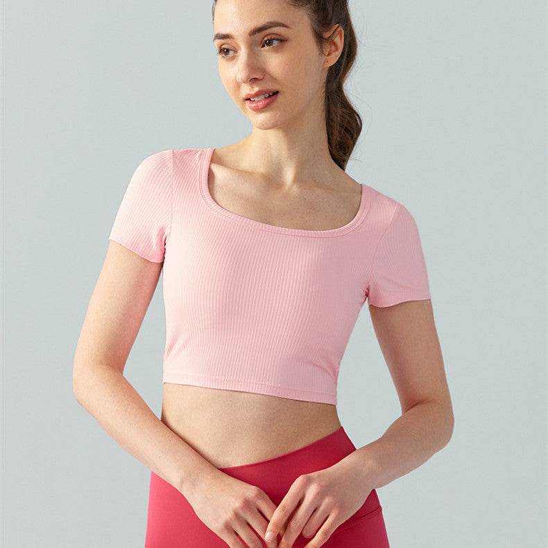 Women's Square Collar Backless Sports T-shirt With Chest Pad Running Fitness Top - MYLUXURY LANE ENTERPRISE