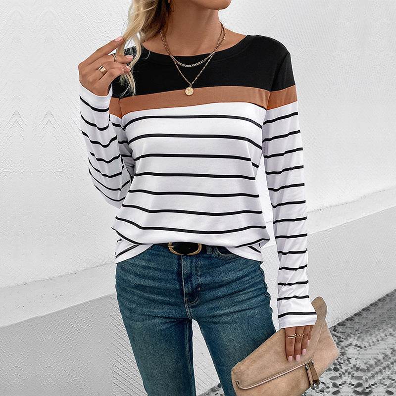 Leisure Top Pullover Patchwork Round Neck Long-sleeved Striped T-shirt - MYLUXURY LANE ENTERPRISE