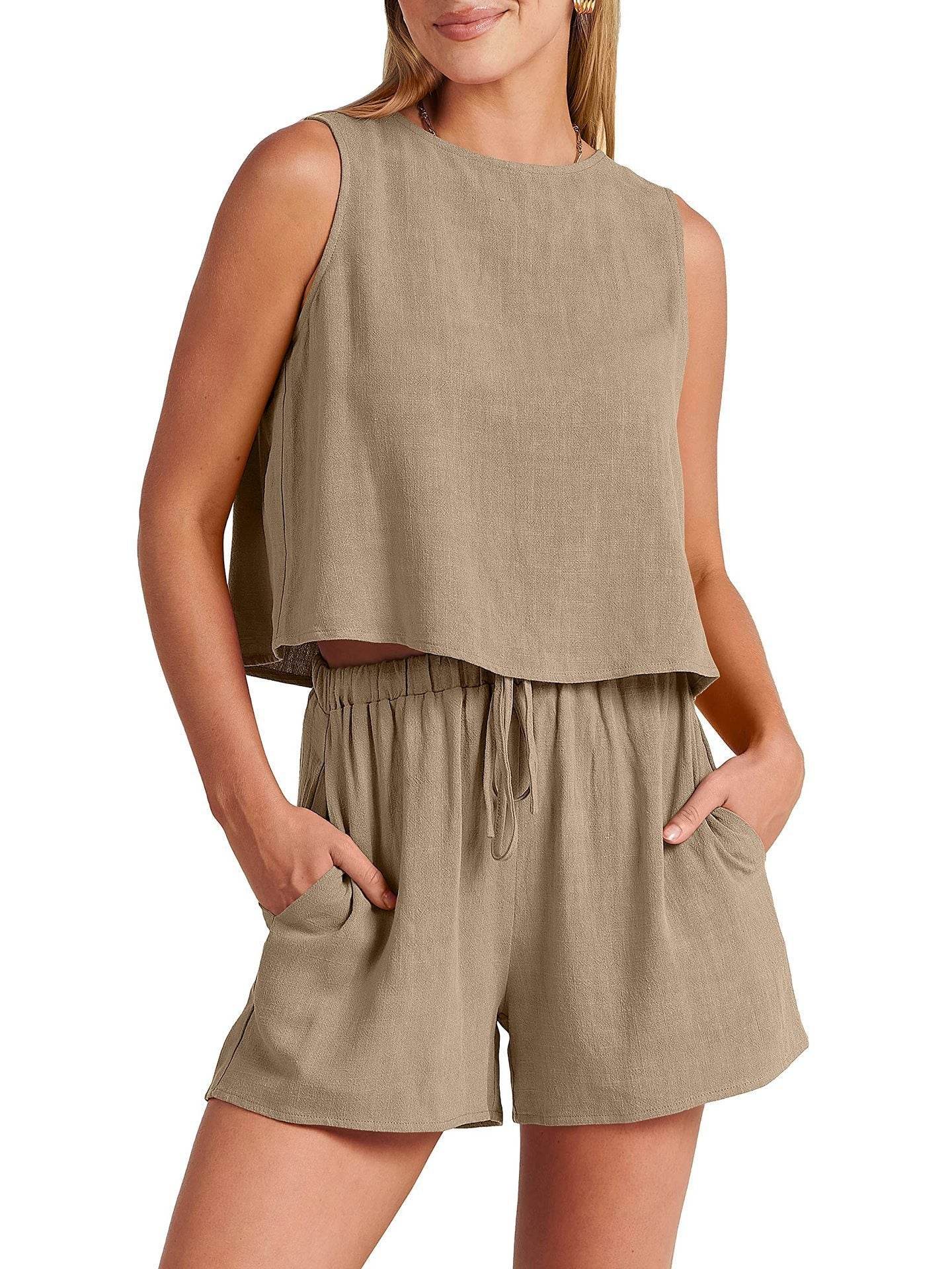 Women's Casual Sleeveless Loose Cotton Linen Shorts Two-piece Suit - MYLUXURY LANE ENTERPRISE