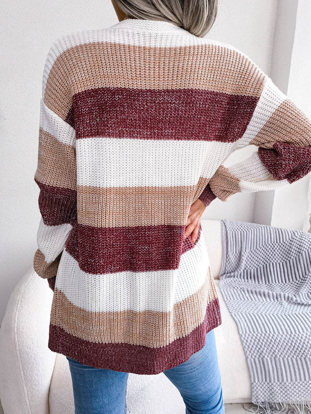 Plaid Sweater Women Casual Lantern Sleeves Cardigan Jacket Outerwear Clothes - MYLUXURY LANE ENTERPRISE