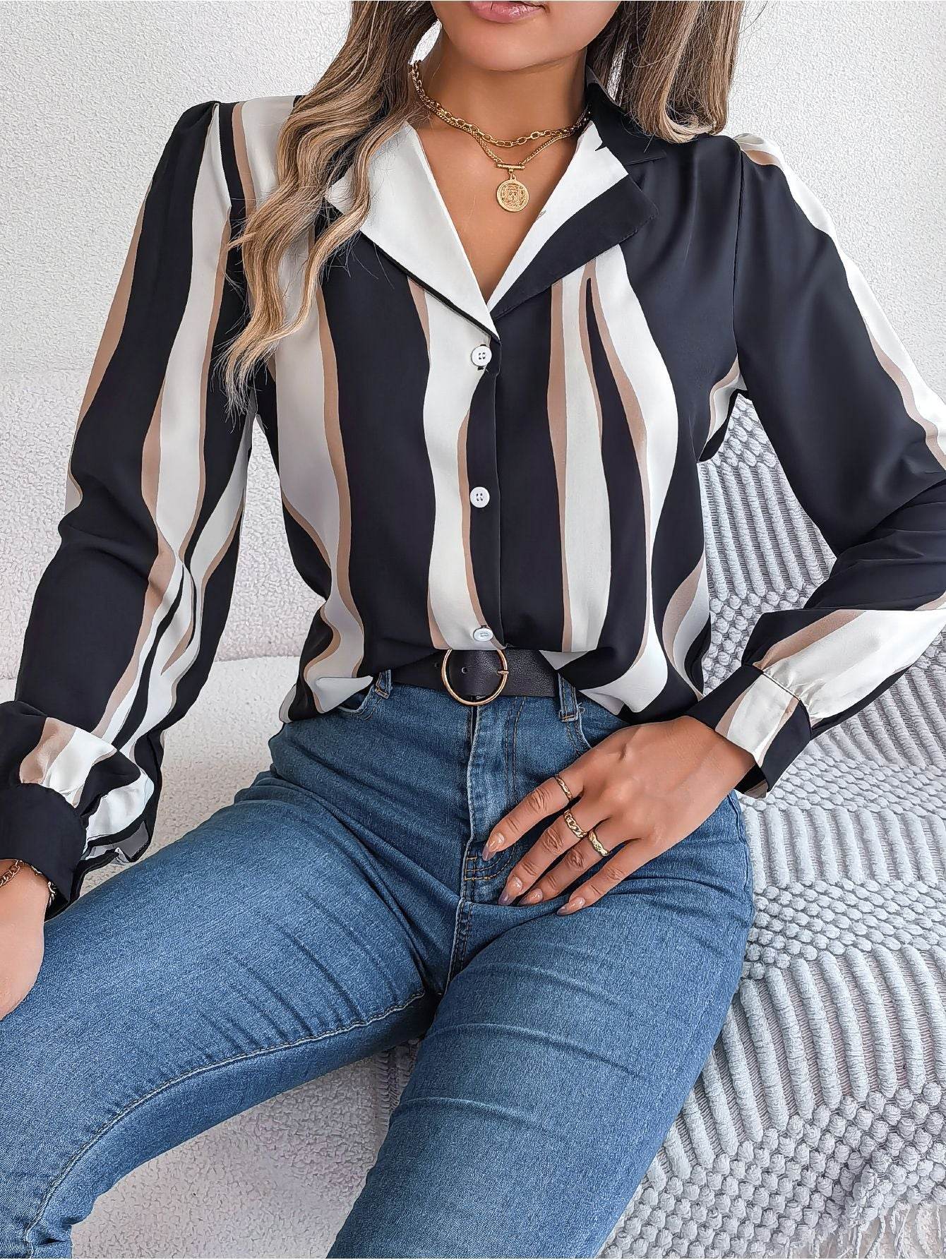 Casual Versatile Contrasting Striped Long Sleeved Shirt - MYLUXURY LANE ENTERPRISE