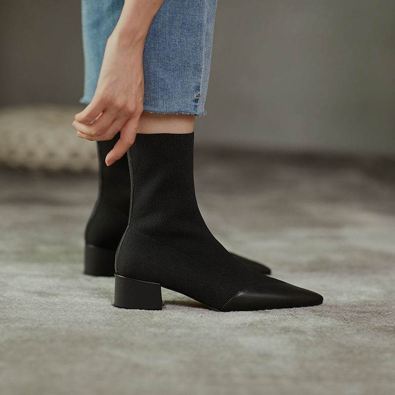 Women's Fashion Woolen Yarn Boots Pointed Chunky Heel Short Boots - MYLUXURY LANE ENTERPRISE
