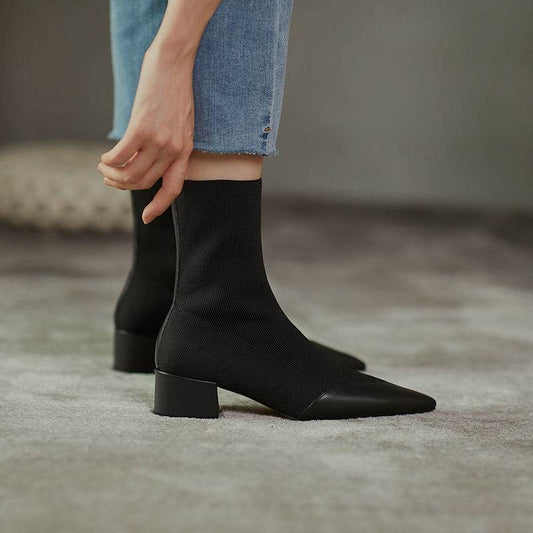 Women's Fashion Woolen Yarn Boots Pointed Chunky Heel Short Boots - MYLUXURY LANE ENTERPRISE