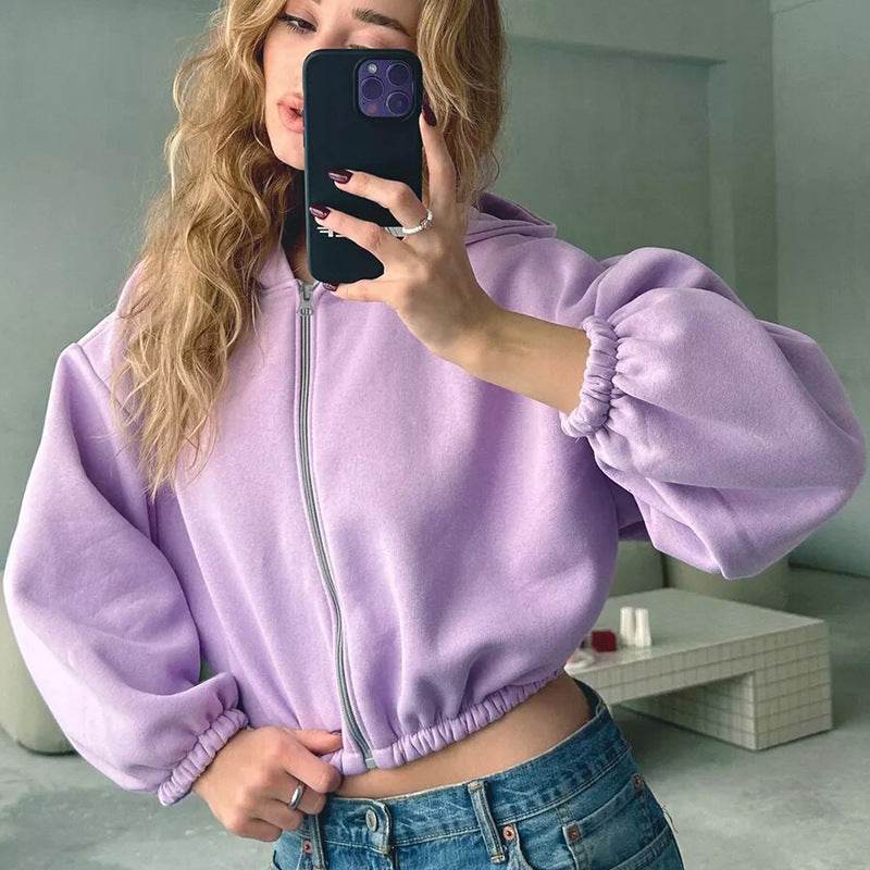 Casual Solid Color Hooded Short Jacket Y2K Fashion Sports Sweatshirt Long Sleeve Zip Up Cardigan Hoodies Women's Clothing - MYLUXURY LANE ENTERPRISE