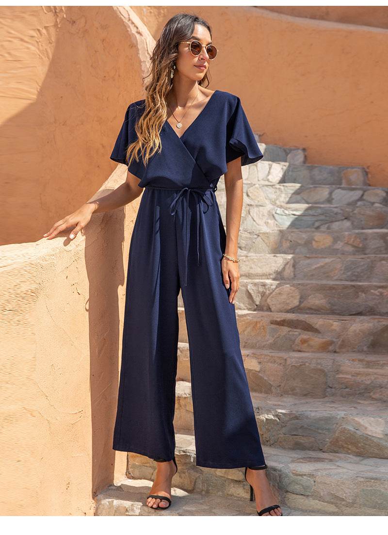 Women's V-neck Fashion Temperament Casual High Waist Loose Jumpsuit - MYLUXURY LANE ENTERPRISE