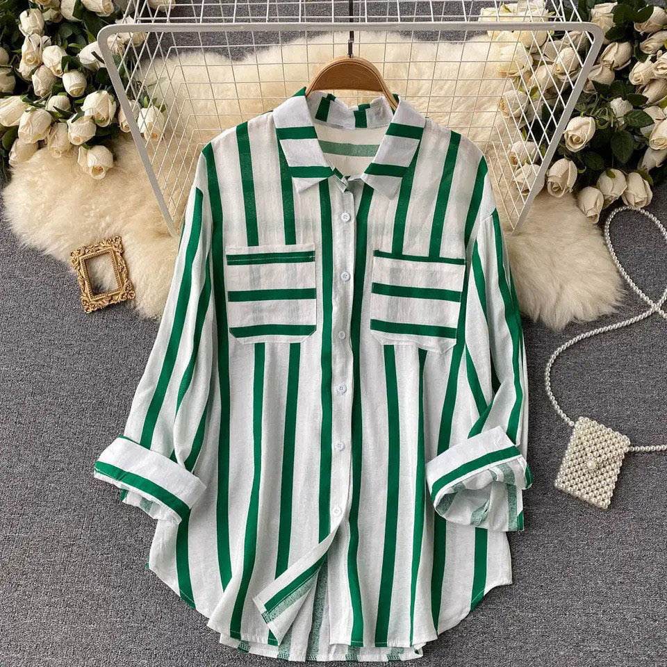Mid-length Vertical Stripes Multi-color Shirt Coat Casual Loose Top - MYLUXURY LANE ENTERPRISE