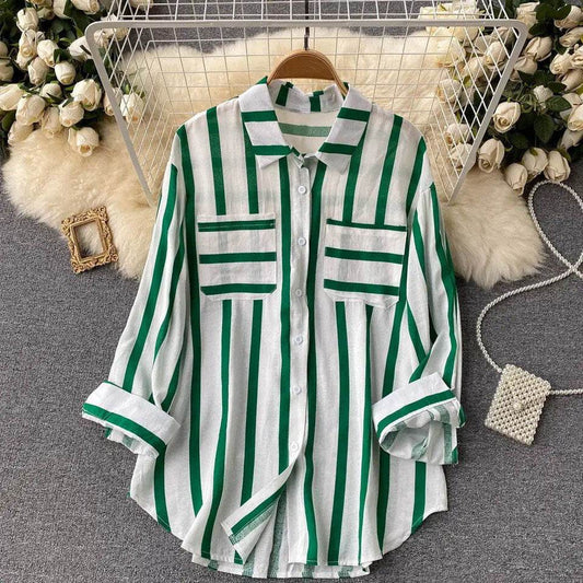 Mid-length Vertical Stripes Multi-color Shirt Coat Casual Loose Top - MYLUXURY LANE ENTERPRISE