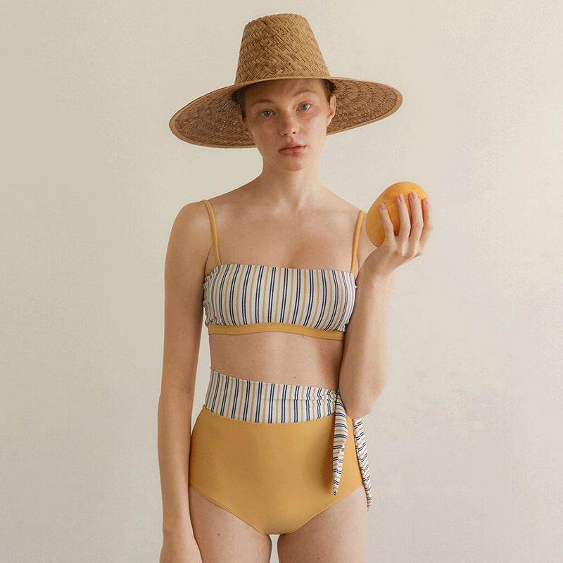 Split High Waist Swimsuit Contrast Color Striped Swimsuit - MYLUXURY LANE ENTERPRISE
