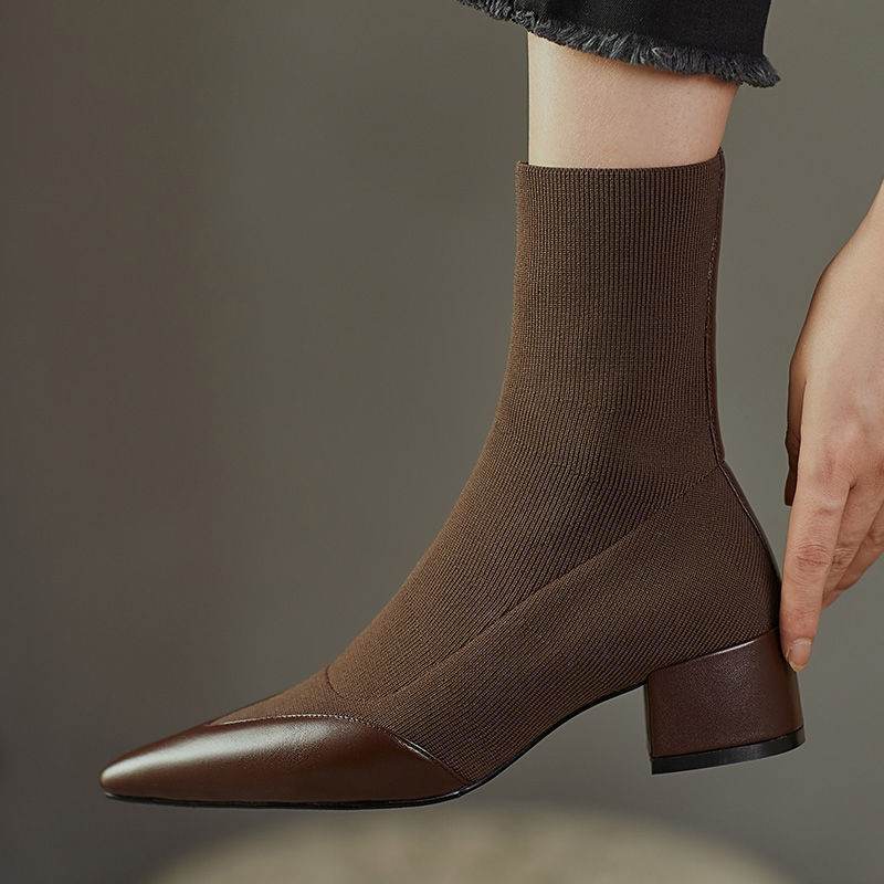 Women's Fashion Woolen Yarn Boots Pointed Chunky Heel Short Boots - MYLUXURY LANE ENTERPRISE