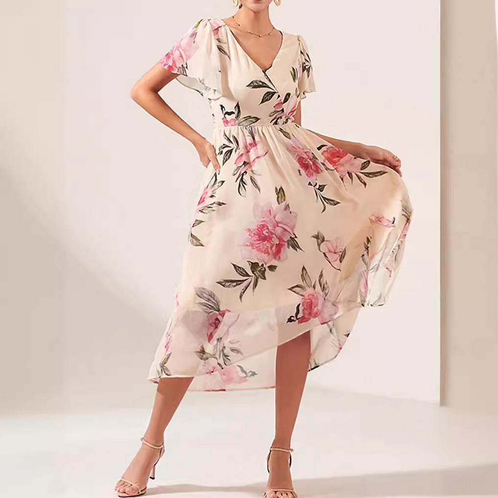 V-neck Mid-length Slim-fit Printed Dress - MYLUXURY LANE ENTERPRISE