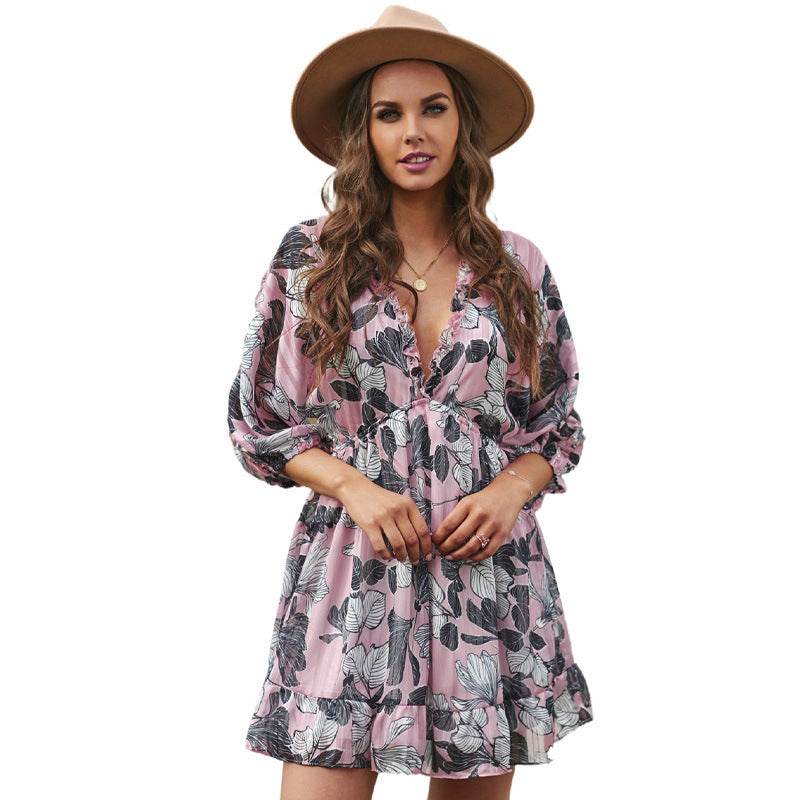 Floral Printed V-neck Female Butterfly Sleeve Chiffon Dress - MYLUXURY LANE ENTERPRISE