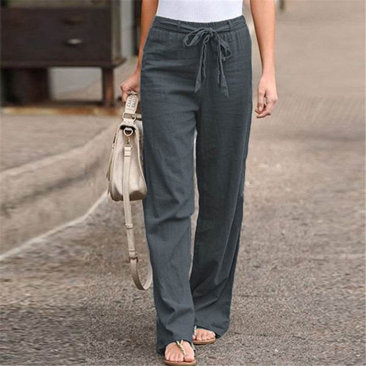 European And American Cotton And Linen Casual Wide-leg Pure Color Elastic Waist Lace-up Loose Women's Trousers - MYLUXURY LANE ENTERPRISE
