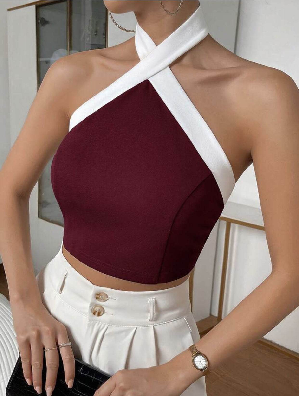 Women's Vest Contrast Color Decorative Buckle Top - MYLUXURY LANE ENTERPRISE