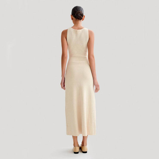 Elegant Knitted Sleeveless Dress With Single Breast Fashion Slim Round Neck Long Dresses Womens Clothing - MYLUXURY LANE ENTERPRISE