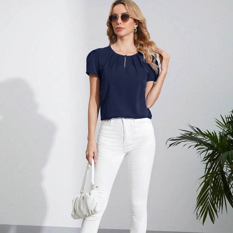 European And American Round Neck One Button Hollow Loose Women's Wear Casual Top - MYLUXURY LANE ENTERPRISE