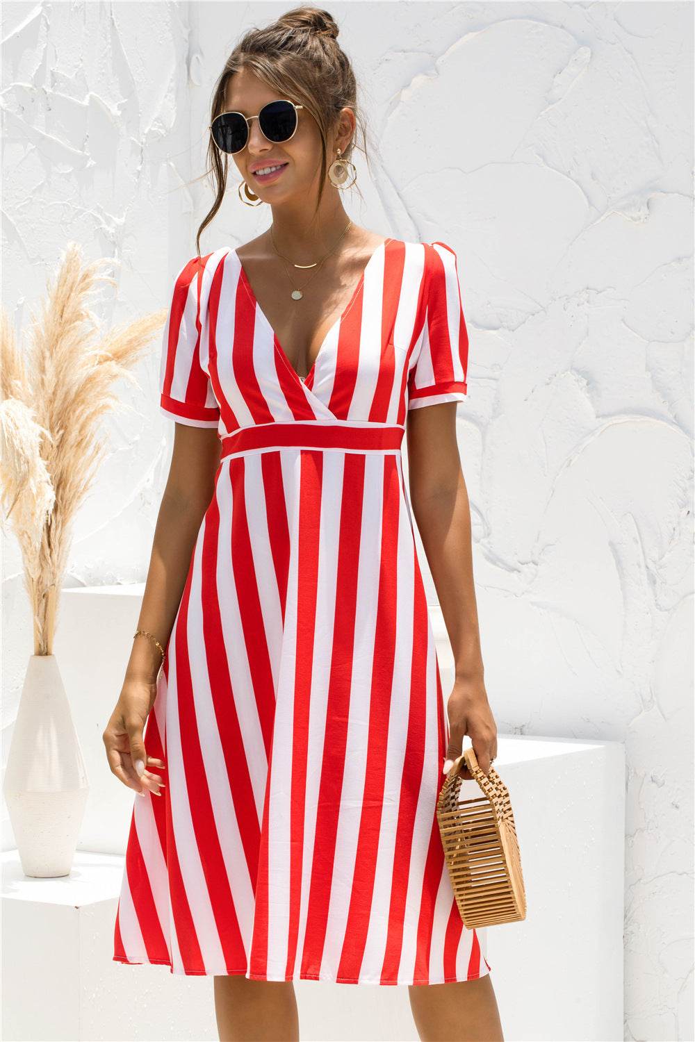 Printed V-neck Striped Short Sleeve Dress - MYLUXURY LANE ENTERPRISE