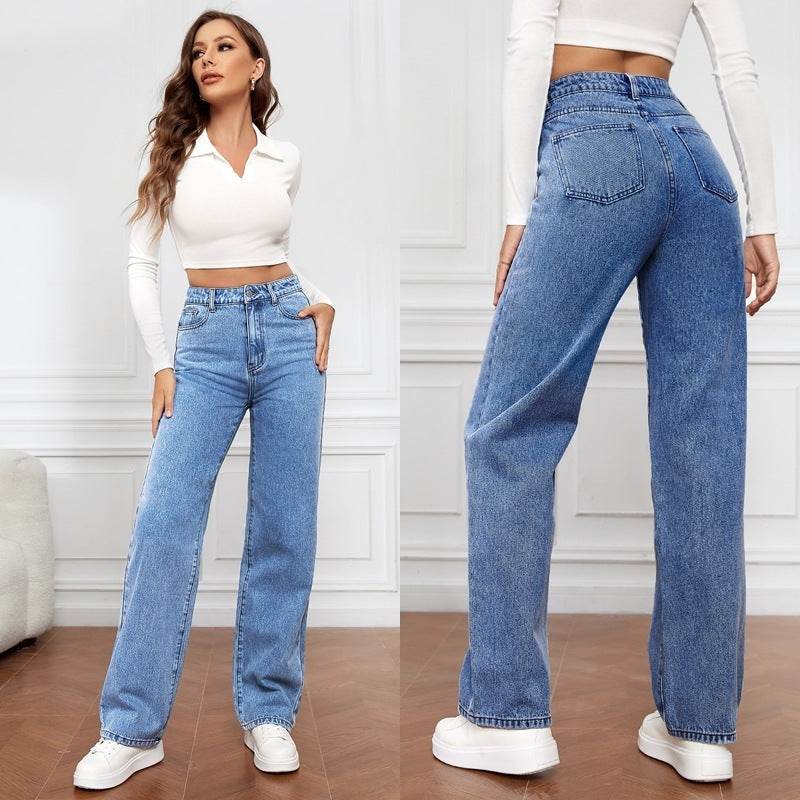 High Waist Straight-leg Denim Trousers Women's Washed Light Color - MYLUXURY LANE ENTERPRISE