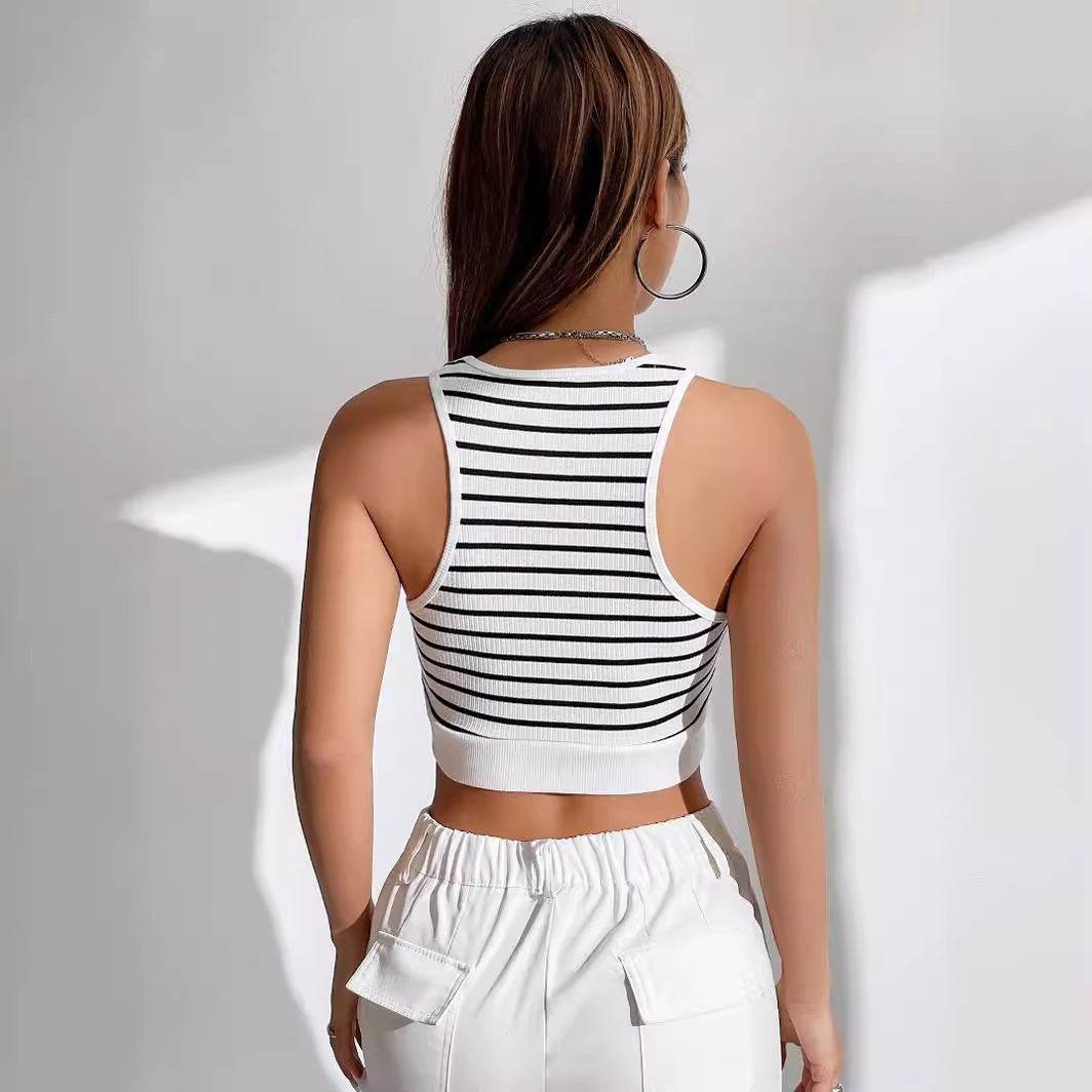 Black And White Striped Short Style Outer Wear Slim Sleeveless Vest - MYLUXURY LANE ENTERPRISE